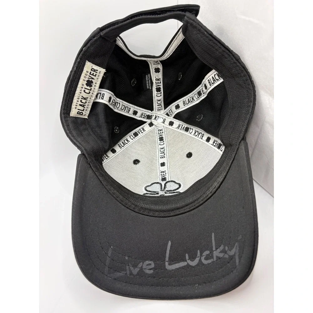 Black Clover Live Lucky Adjustable Baseball Cap Hat Black Embroidered Logo Mens